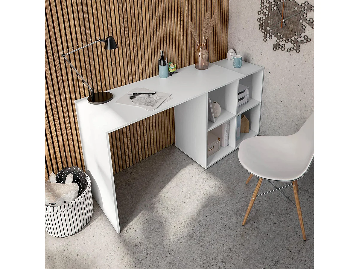Table du bureau, meuble du bureau réversible en bois coloris blanc artic - hauteur 74 x longueur 120-152 x profondeur 77 cm