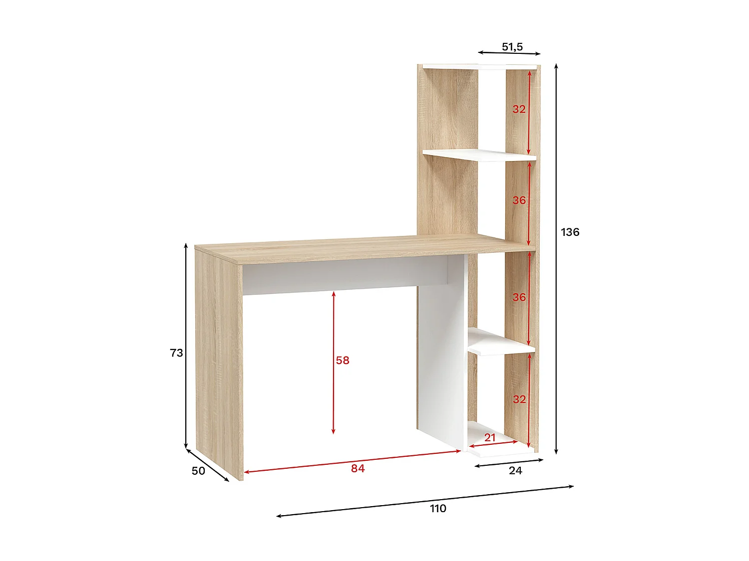 Table du bureau, meuble du bureau réversible avec étagère en bois coloris Blanc artik, chêne canadien - hauteur 136 x longueur 110 x profondeur 52 cm