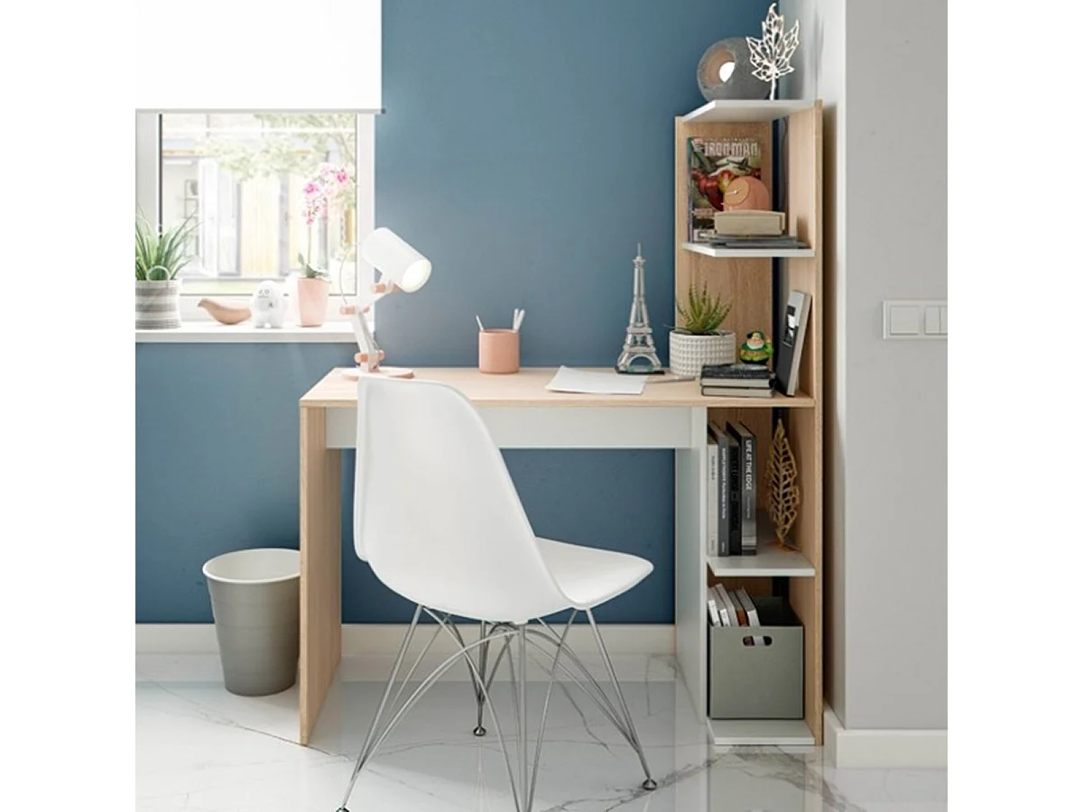 Table du bureau, meuble du bureau réversible avec étagère en bois coloris Blanc artik, chêne canadien - hauteur 136 x longueur 110 x profondeur 52 cm