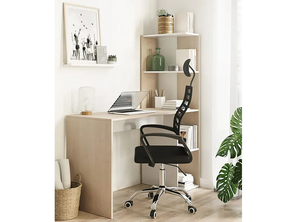 Table du bureau, meuble du bureau réversible avec étagère en bois coloris Blanc artik, chêne canadien - hauteur 136 x longueur 110 x profondeur 52 cm