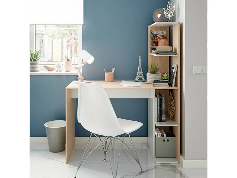 Table du bureau, meuble du bureau réversible avec étagère en bois coloris Blanc artik, chêne canadien - hauteur 136 x longueur 110 x profondeur 52 cm