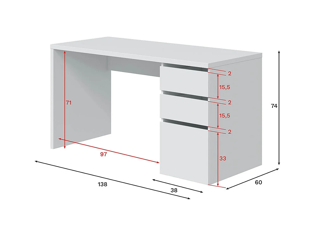Table du bureau, meuble du bureau réversible en bois coloris Blanc artik - hauteur 74 x longueur 60 x profondeur 138 cm