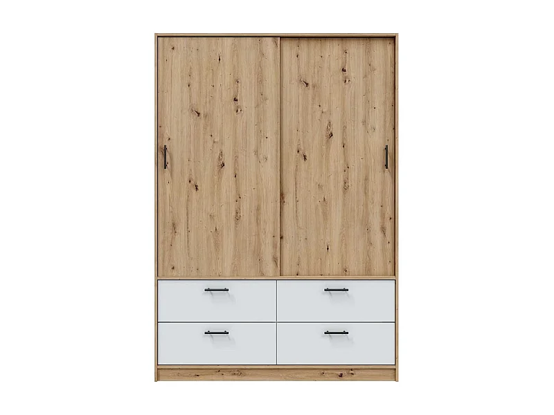 Armoire, meuble de rangement avec 2 portes et 4 tiroirs coloris blanc artic, chêne nordique - hauteur 200 x longueur 140 x profondeur 60 cm