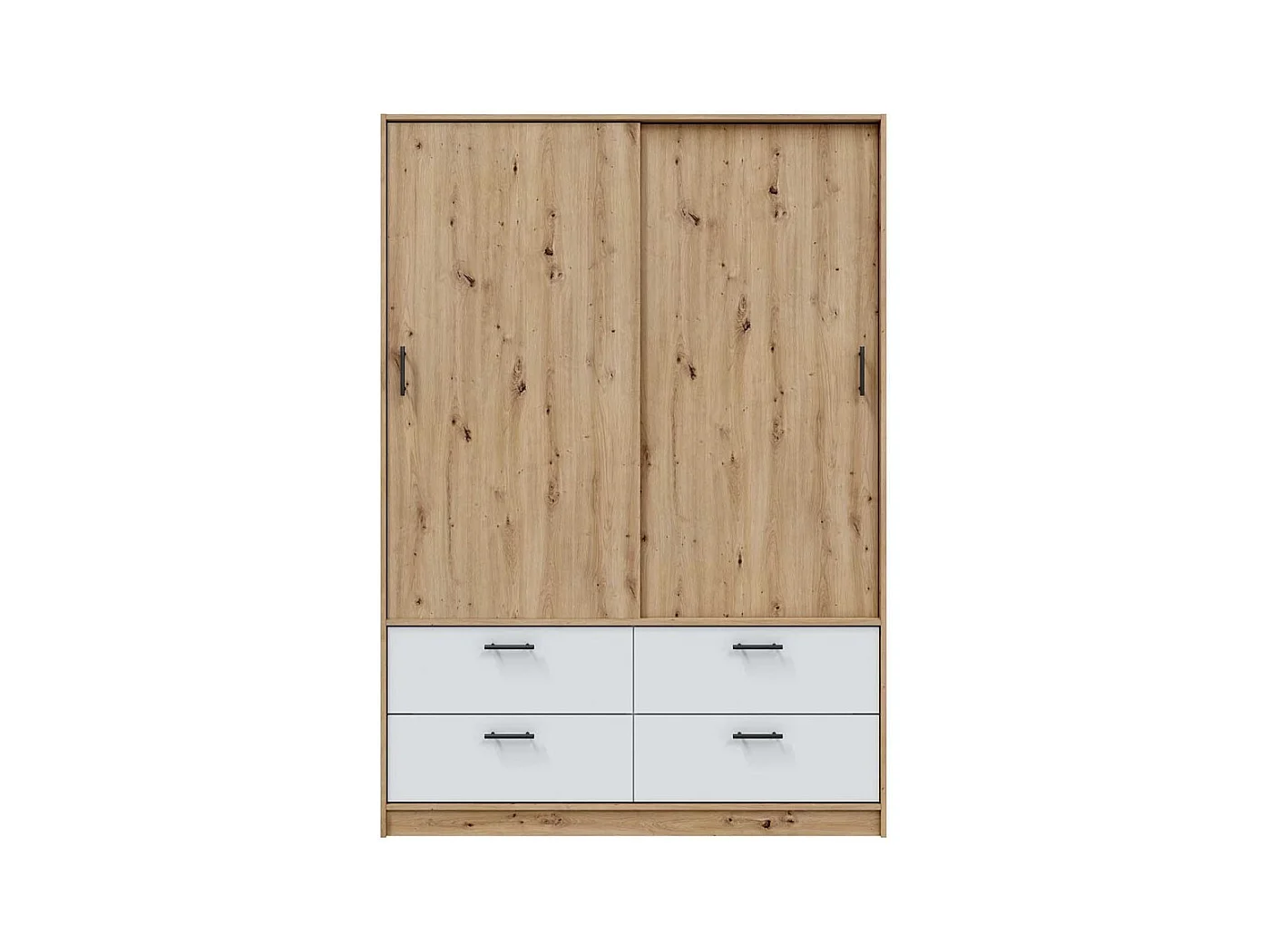 Armoire, meuble de rangement avec 2 portes et 4 tiroirs coloris blanc artic, chêne nordique - hauteur 200 x longueur 140 x profondeur 60 cm