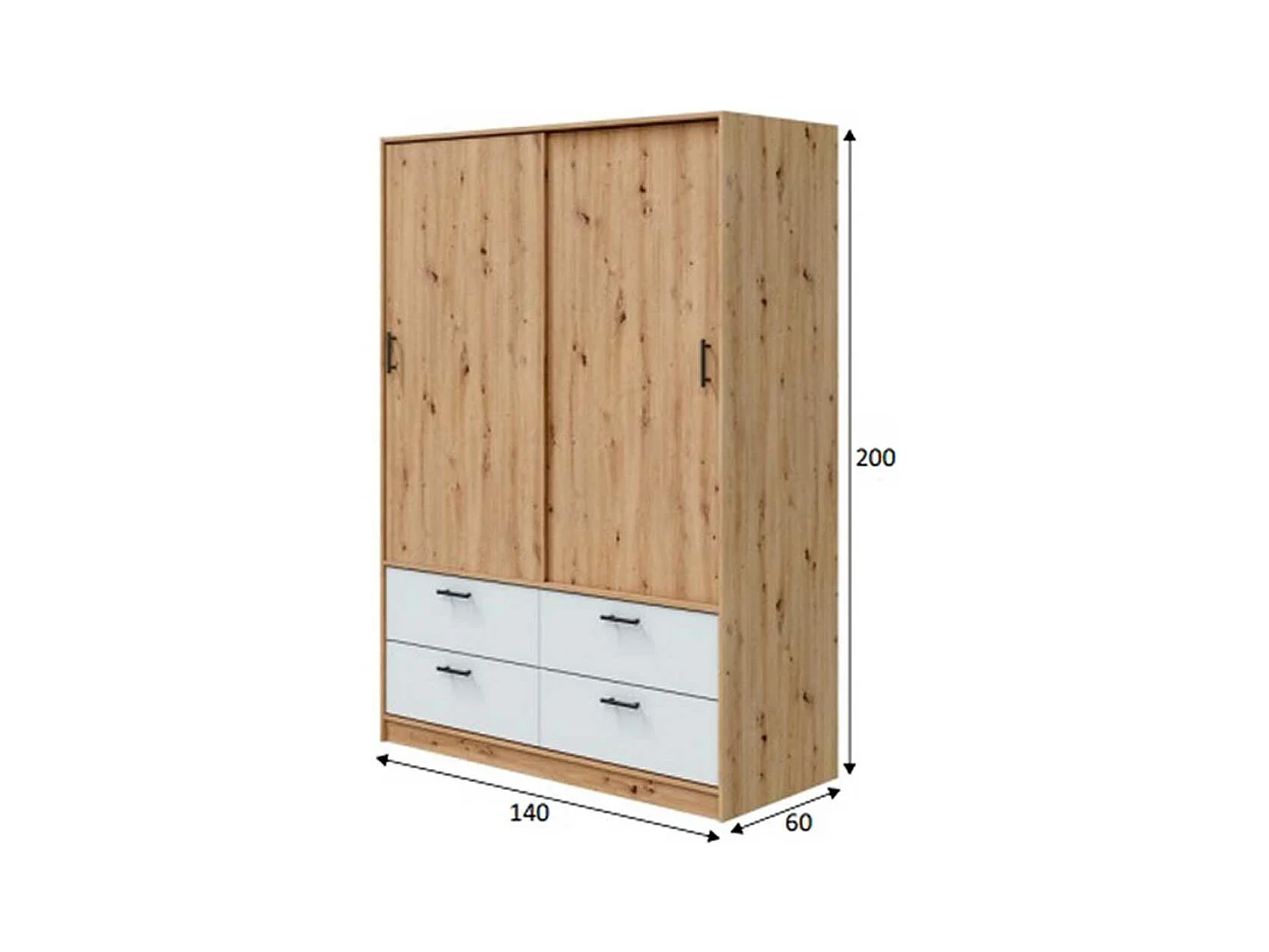 Armoire, meuble de rangement avec 2 portes et 4 tiroirs coloris blanc artic, chêne nordique - hauteur 200 x longueur 140 x profondeur 60 cm