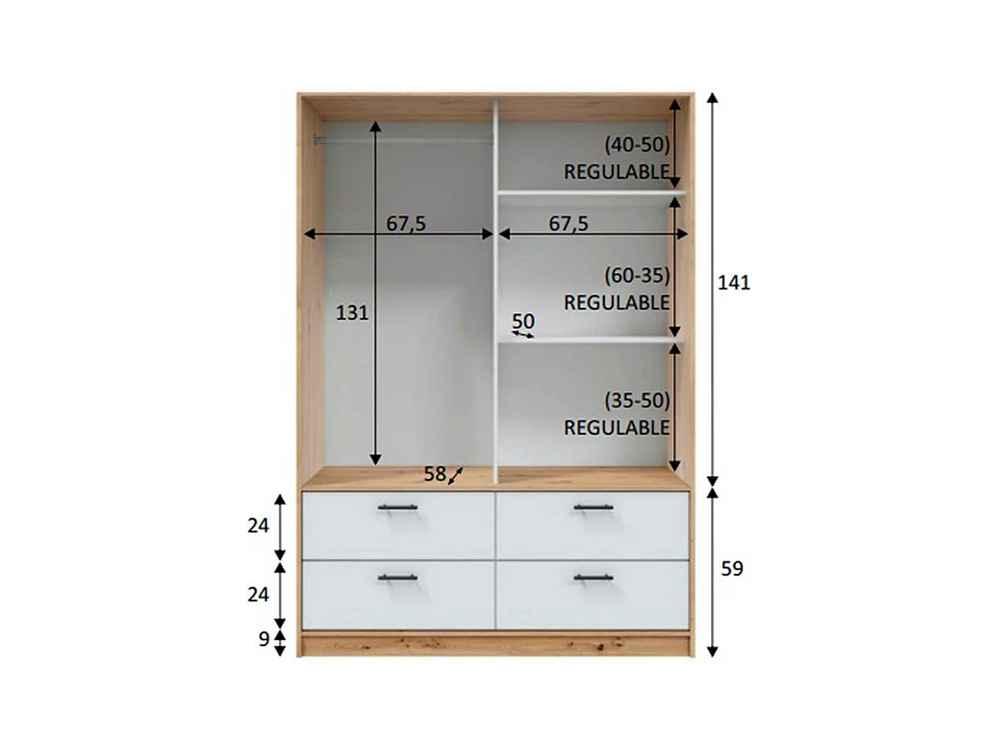 Armoire, meuble de rangement avec 2 portes et 4 tiroirs coloris blanc artic, chêne nordique - hauteur 200 x longueur 140 x profondeur 60 cm
