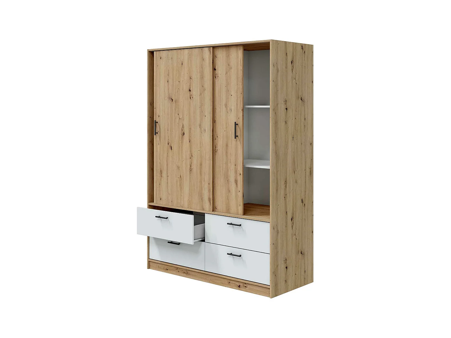 Armoire, meuble de rangement avec 2 portes et 4 tiroirs coloris blanc artic, chêne nordique - hauteur 200 x longueur 140 x profondeur 60 cm