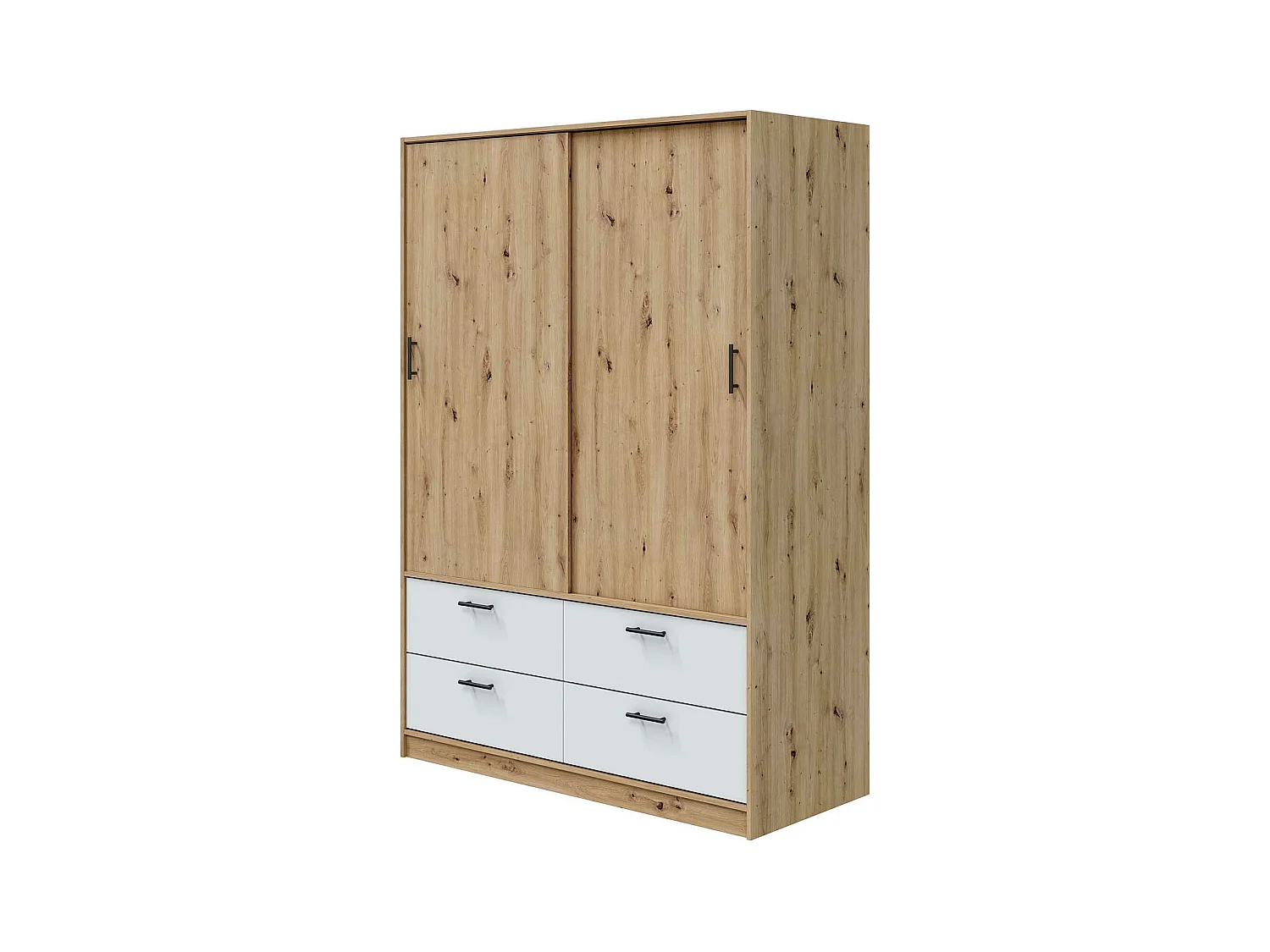 Armoire, meuble de rangement avec 2 portes et 4 tiroirs coloris blanc artic, chêne nordique - hauteur 200 x longueur 140 x profondeur 60 cm