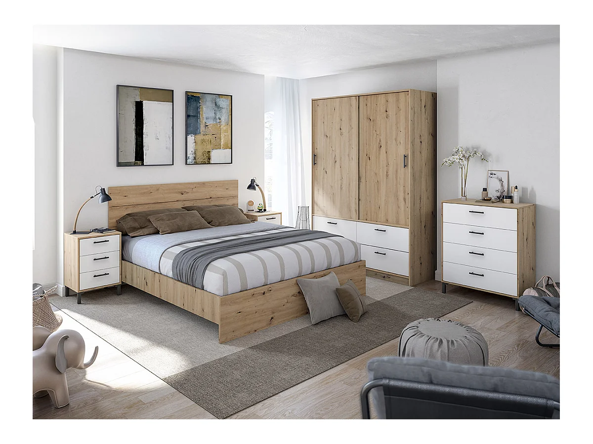 Armoire, meuble de rangement avec 2 portes et 4 tiroirs coloris blanc artic, chêne nordique - hauteur 200 x longueur 140 x profondeur 60 cm