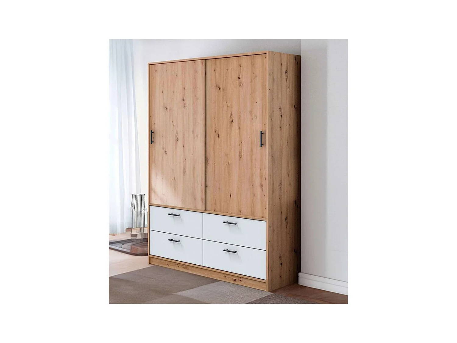 Armoire, meuble de rangement avec 2 portes et 4 tiroirs coloris blanc artic, chêne nordique - hauteur 200 x longueur 140 x profondeur 60 cm