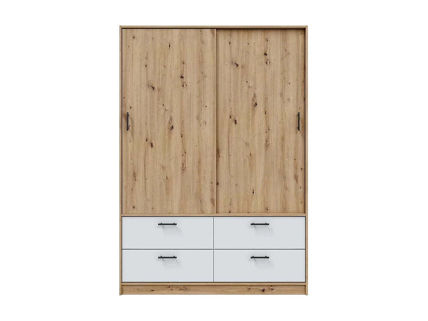Armoire, meuble de rangement avec 2 portes et 4 tiroirs coloris blanc artic, chêne nordique - hauteur 200 x longueur 140 x profondeur 60 cm