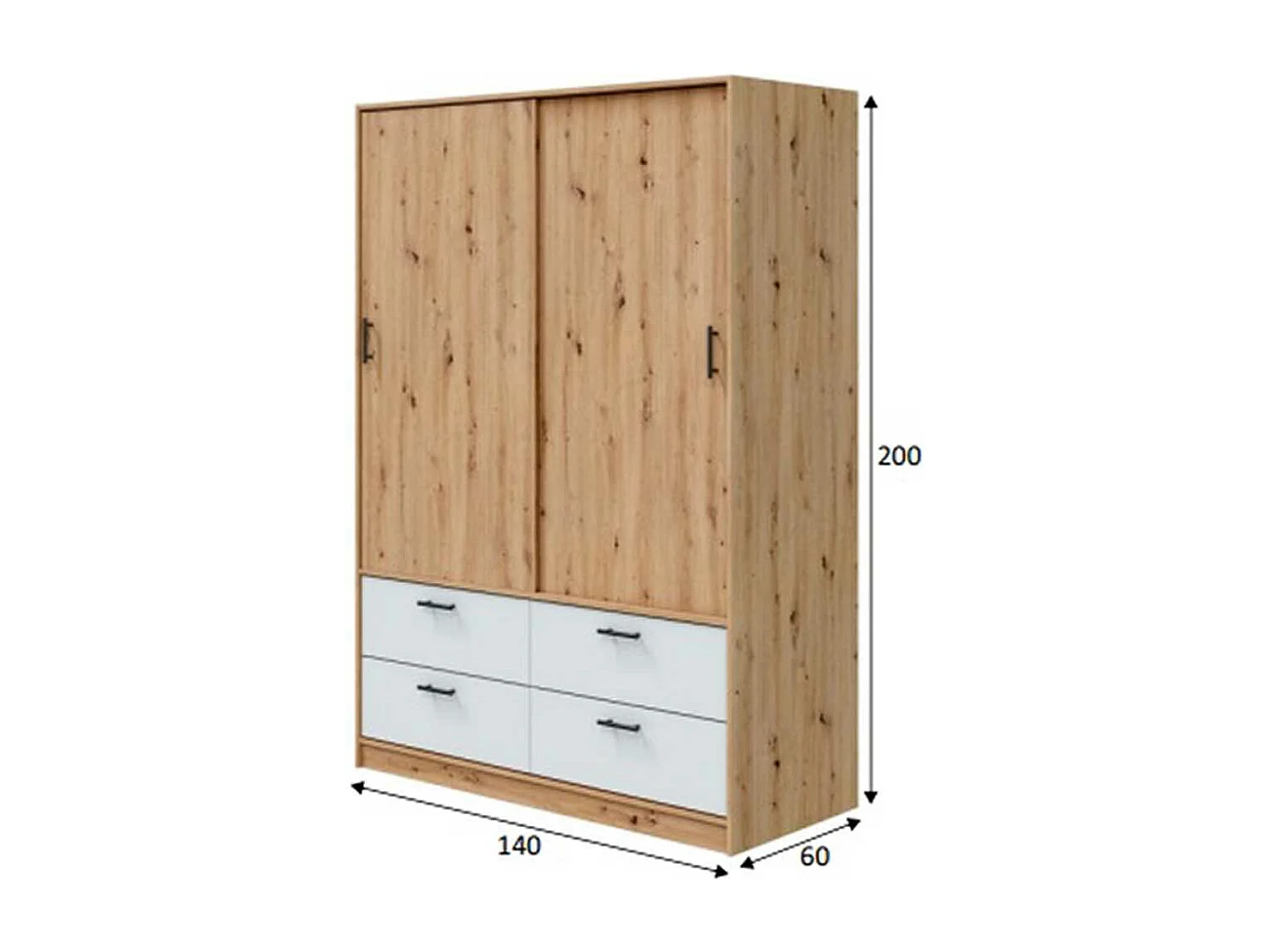 Armoire, meuble de rangement avec 2 portes et 4 tiroirs coloris blanc artic, chêne nordique - hauteur 200 x longueur 140 x profondeur 60 cm