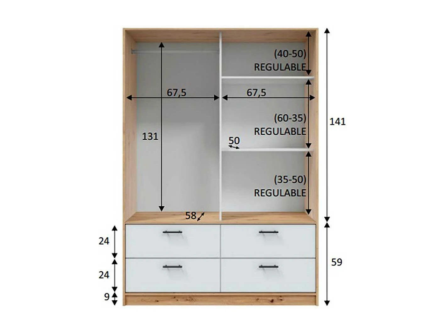 Armoire, meuble de rangement avec 2 portes et 4 tiroirs coloris blanc artic, chêne nordique - hauteur 200 x longueur 140 x profondeur 60 cm