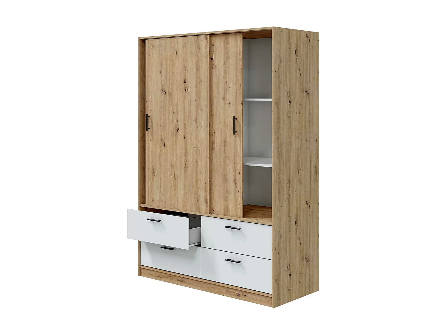 Armoire, meuble de rangement avec 2 portes et 4 tiroirs coloris blanc artic, chêne nordique - hauteur 200 x longueur 140 x profondeur 60 cm