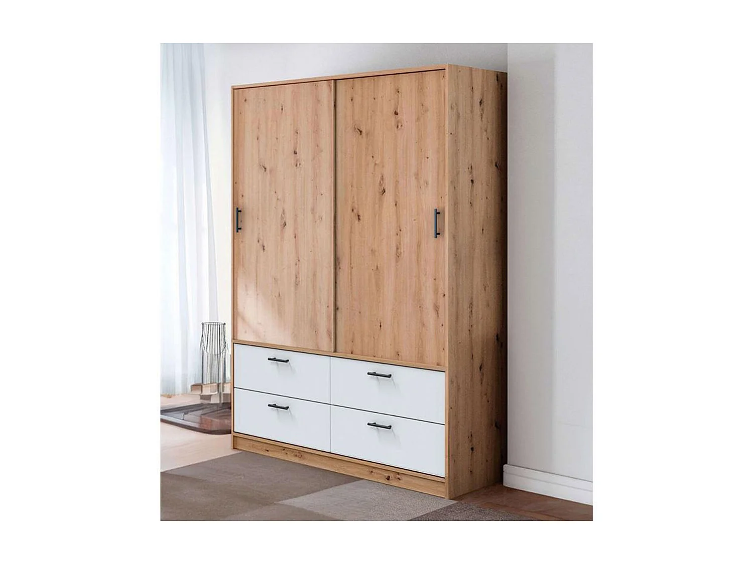 Armoire, meuble de rangement avec 2 portes et 4 tiroirs coloris blanc artic, chêne nordique - hauteur 200 x longueur 140 x profondeur 60 cm