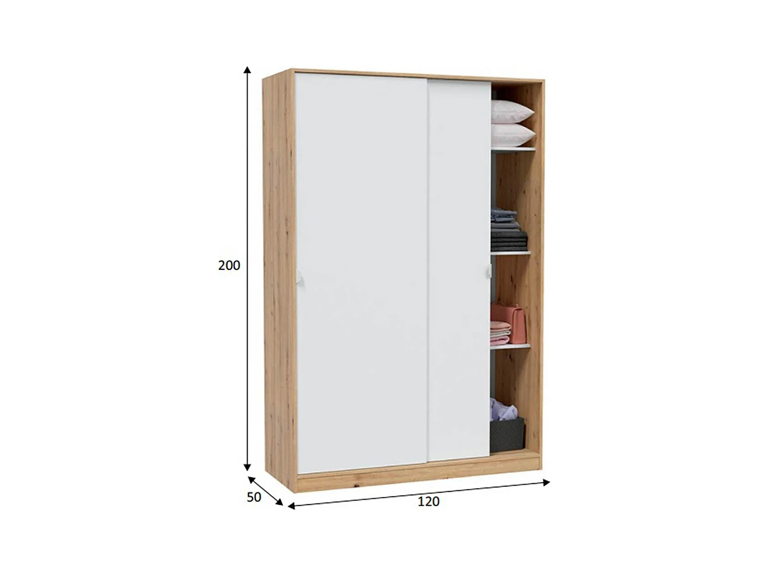 Armoire, placard avec 2 portes coulissantes coloris chêne nordique, blanc artic - longueur 120 x hauteur 200 x profondeur 50 cm