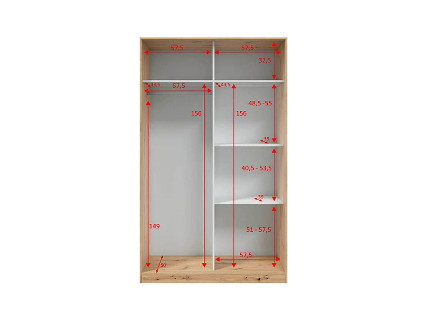 Armoire, placard avec 2 portes coulissantes coloris chêne nordique, blanc artic - longueur 120 x hauteur 200 x profondeur 50 cm