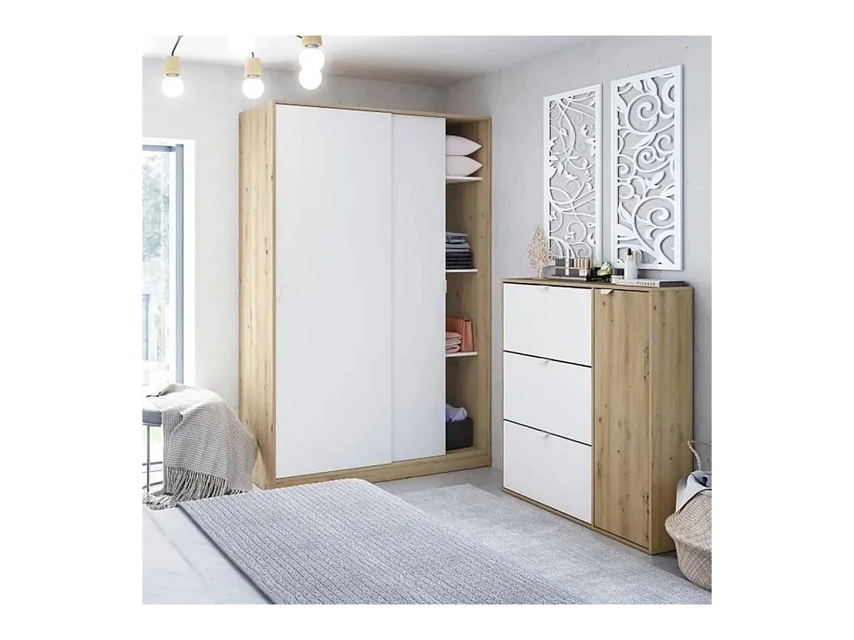 Armoire, placard avec 2 portes coulissantes coloris chêne nordique, blanc artic - longueur 120 x hauteur 200 x profondeur 50 cm