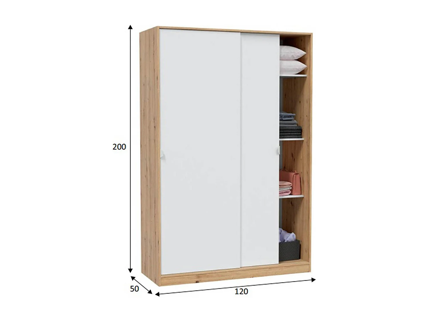 Armoire, placard avec 2 portes coulissantes coloris chêne nordique, blanc artic - longueur 120 x hauteur 200 x profondeur 50 cm