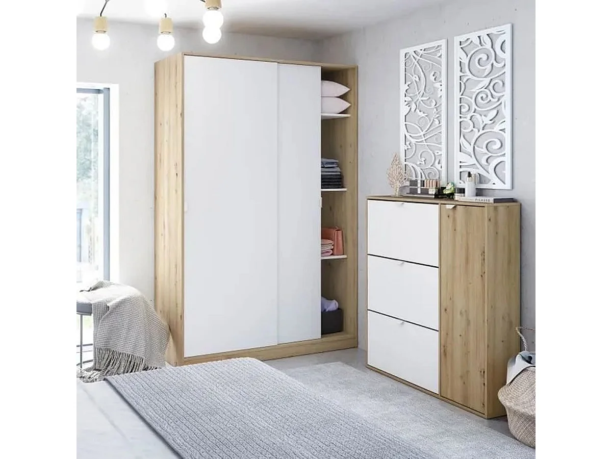 Armoire, placard avec 2 portes coulissantes coloris chêne nordique, blanc artic - longueur 120 x hauteur 200 x profondeur 50 cm
