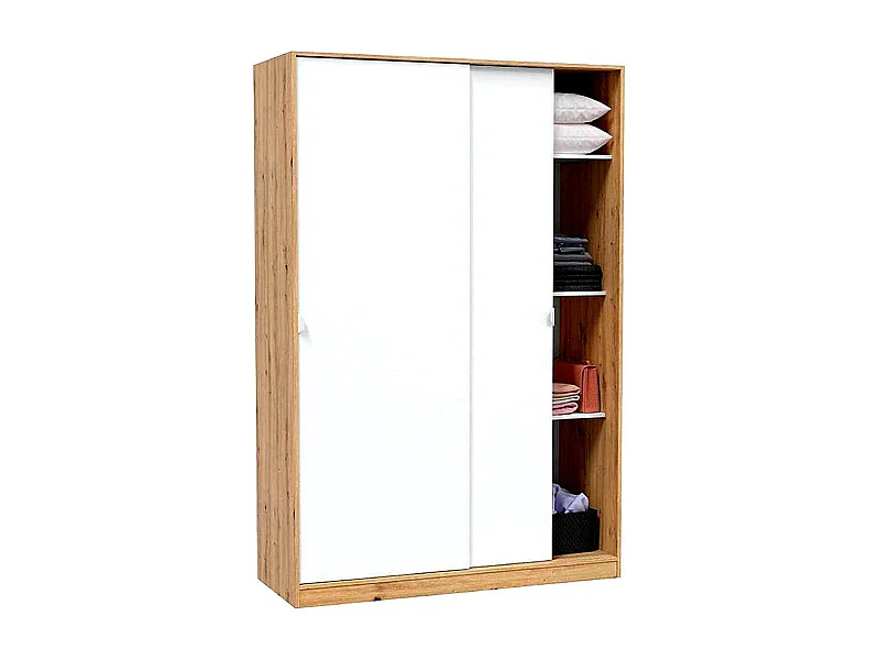Armoire, placard avec 2 portes coulissantes coloris chêne nordique, blanc artic - longueur 120 x hauteur 200 x profondeur 50 cm