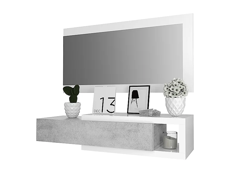 Mobile Maiorca Mobiletto da Ingresso Sospeso con Cassetto Mensola e Specchio Arredo Arredamento Sala 95 x 25 x 26 cm Colore Bianco Lucido e Grigio Cemento