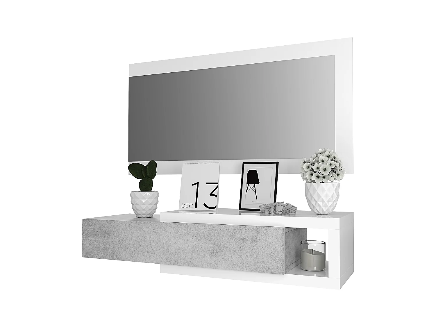 Mobile Maiorca Mobiletto da Ingresso Sospeso con Cassetto Mensola e Specchio Arredo Arredamento Sala 95 x 25 x 26 cm Colore Bianco Lucido e Grigio Cemento