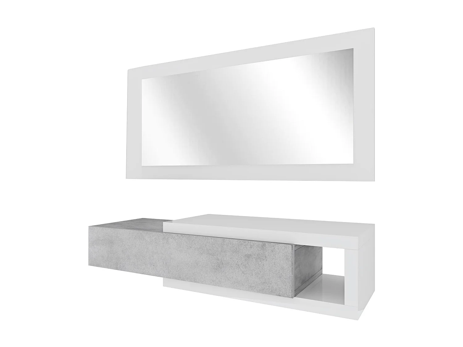 Mobile Maiorca Mobiletto da Ingresso Sospeso con Cassetto Mensola e Specchio Arredo Arredamento Sala 95 x 25 x 26 cm Colore Bianco Lucido e Grigio Cemento