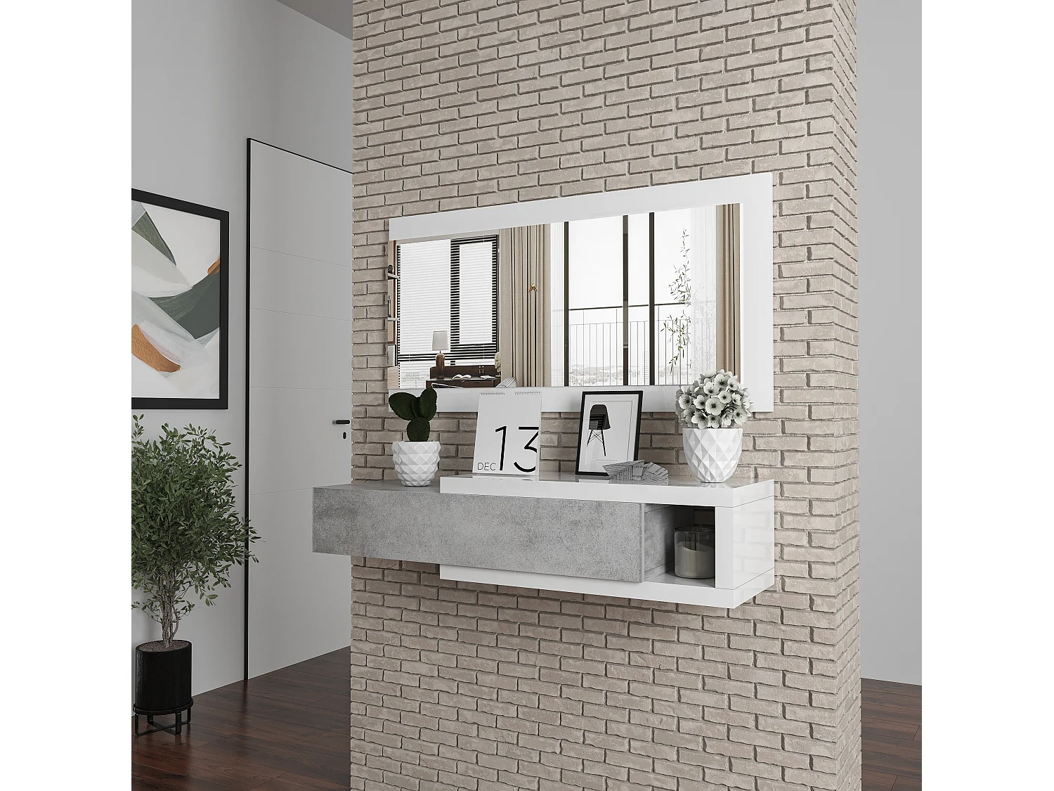 Mobile Maiorca Mobiletto da Ingresso Sospeso con Cassetto Mensola e Specchio Arredo Arredamento Sala 95 x 25 x 26 cm Colore Bianco Lucido e Grigio Cemento