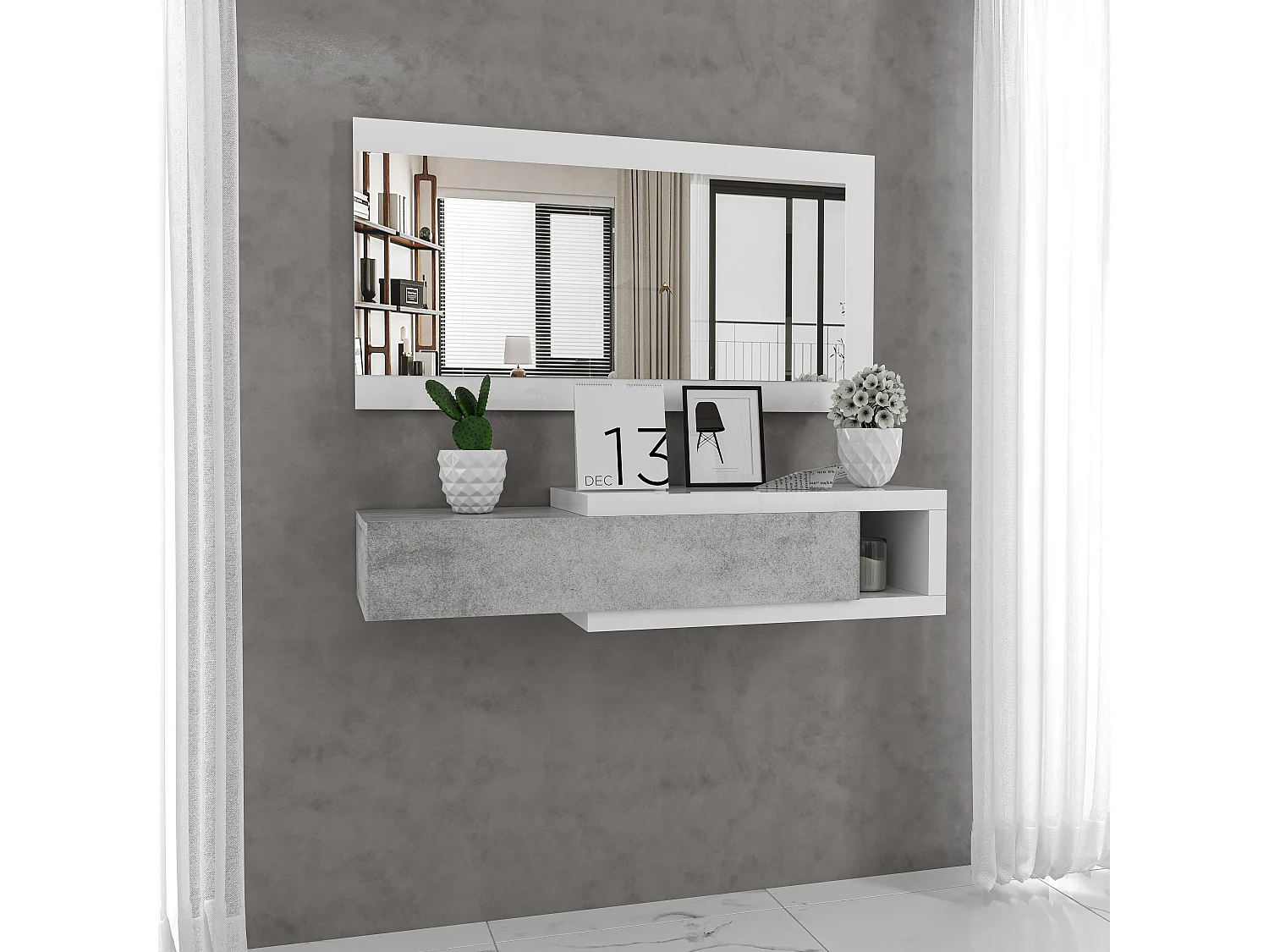 Mobile Maiorca Mobiletto da Ingresso Sospeso con Cassetto Mensola e Specchio Arredo Arredamento Sala 95 x 25 x 26 cm Colore Bianco Lucido e Grigio Cemento