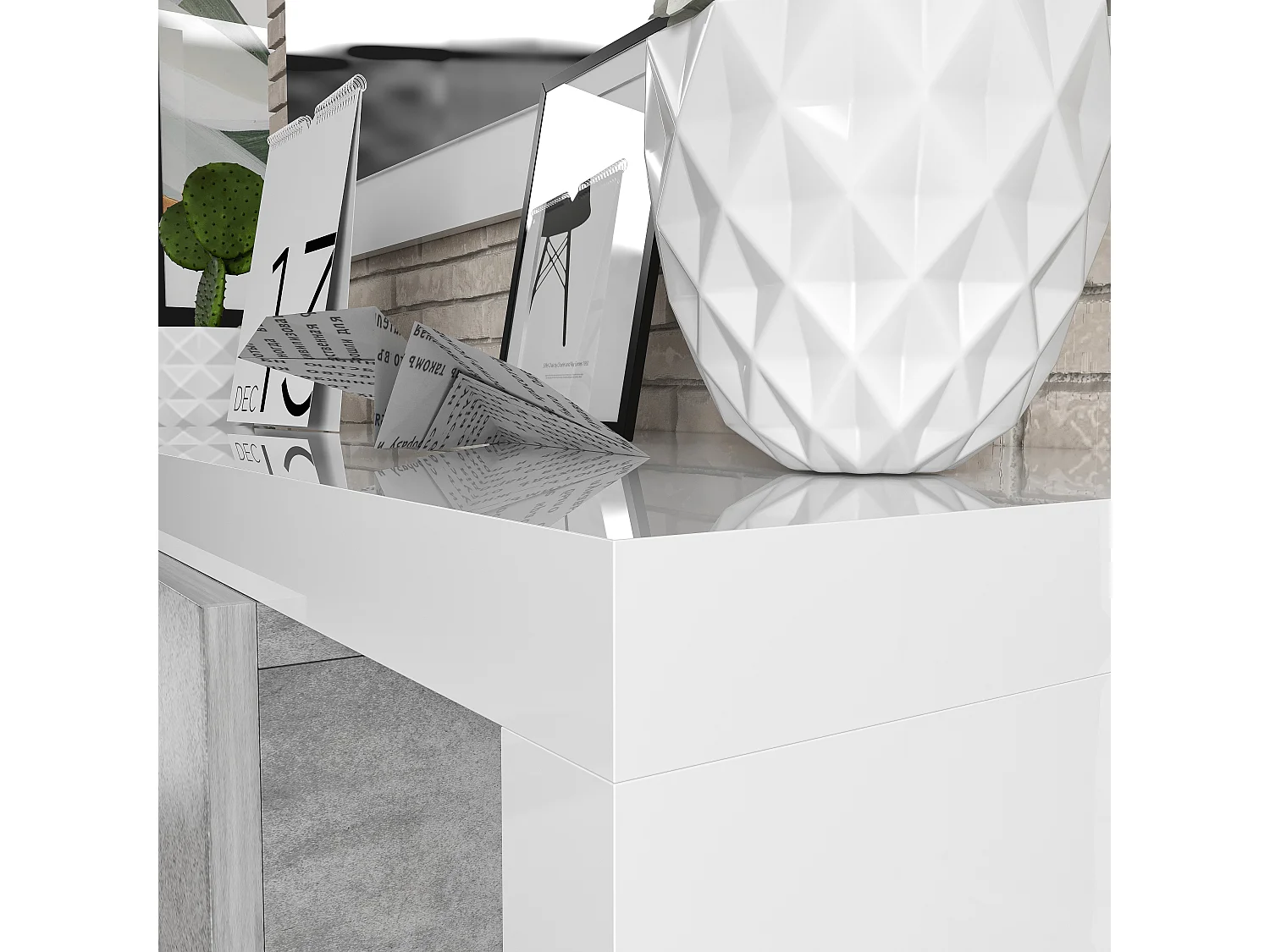 Mobile Maiorca Mobiletto da Ingresso Sospeso con Cassetto Mensola e Specchio Arredo Arredamento Sala 95 x 25 x 26 cm Colore Bianco Lucido e Grigio Cemento