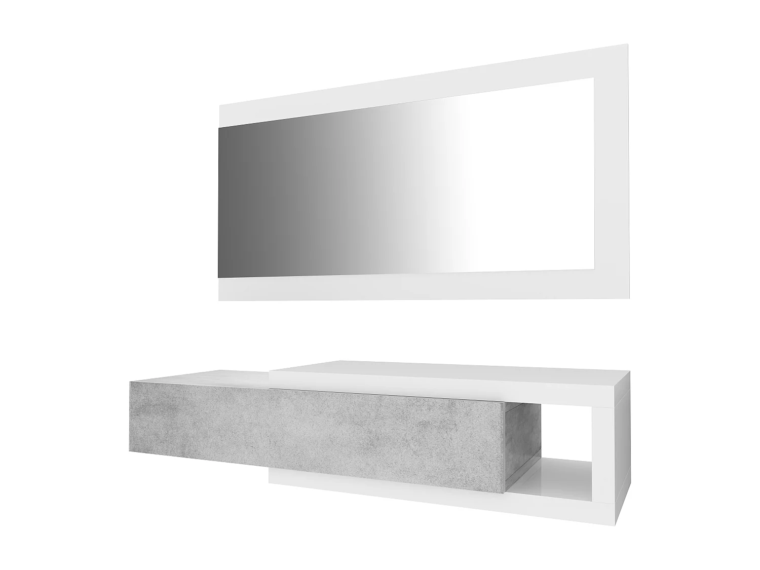 Mobile Maiorca Mobiletto da Ingresso Sospeso con Cassetto Mensola e Specchio Arredo Arredamento Sala 95 x 25 x 26 cm Colore Bianco Lucido e Grigio Cemento