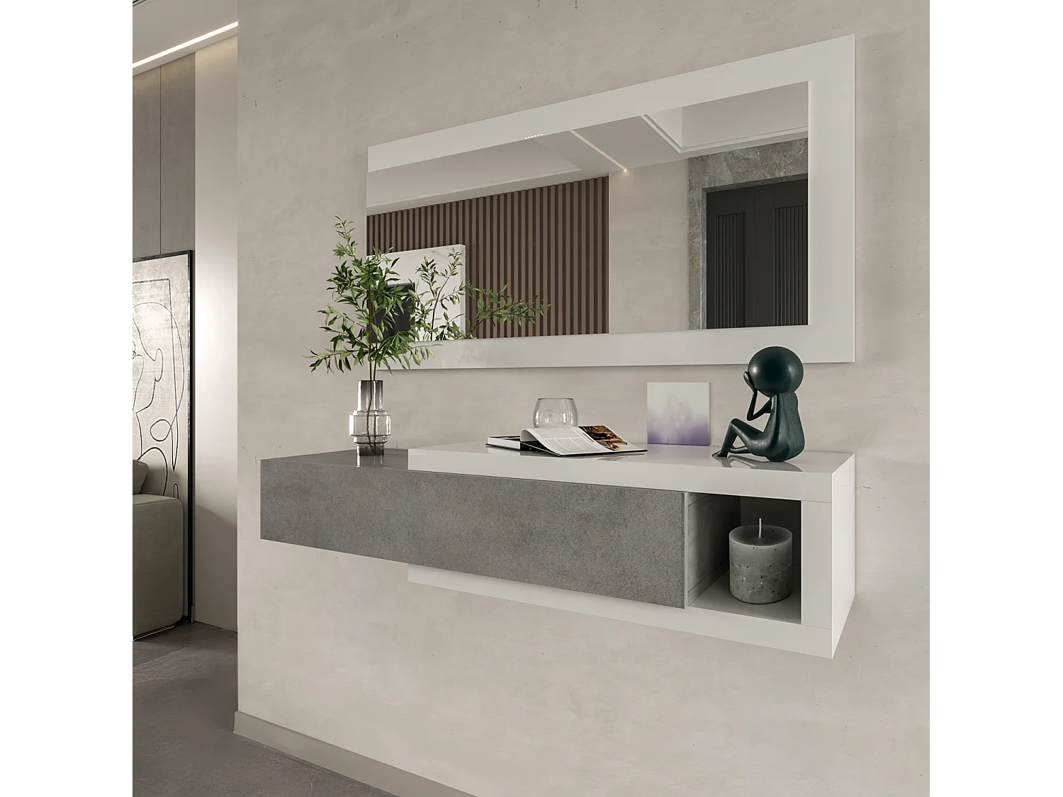 Mobile Maiorca Mobiletto da Ingresso Sospeso con Cassetto Mensola e Specchio Arredo Arredamento Sala 95 x 25 x 26 cm Colore Bianco Lucido e Grigio Cemento