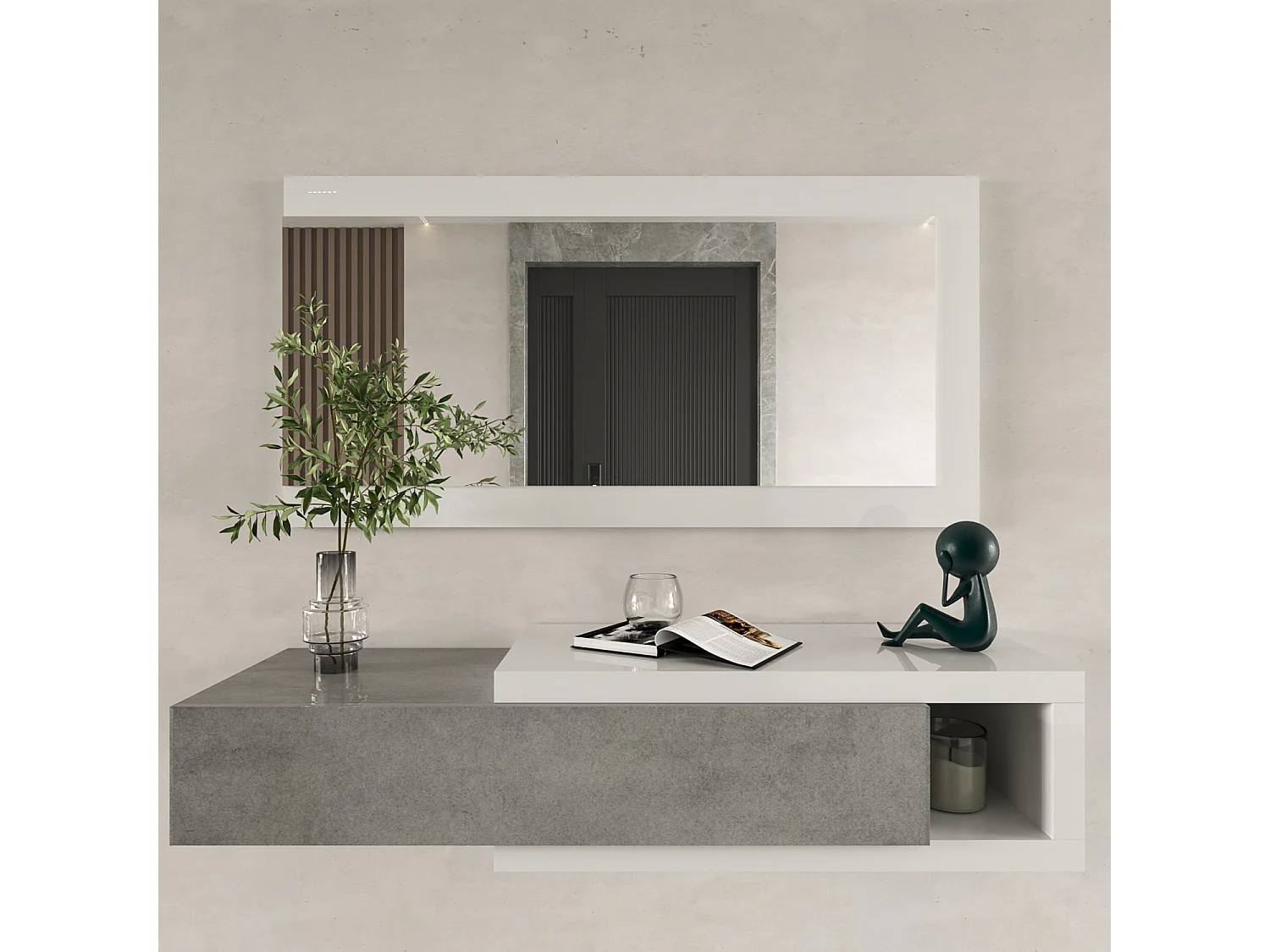 Mobile Maiorca Mobiletto da Ingresso Sospeso con Cassetto Mensola e Specchio Arredo Arredamento Sala 95 x 25 x 26 cm Colore Bianco Lucido e Grigio Cemento