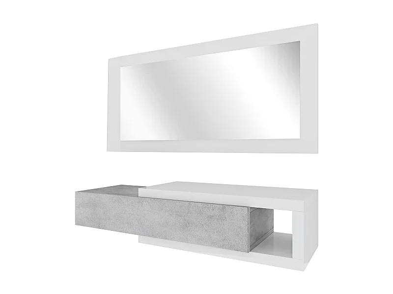 Mobile Maiorca Mobiletto da Ingresso Sospeso con Cassetto Mensola e Specchio Arredo Arredamento Sala 95 x 25 x 26 cm Colore Bianco Lucido e Grigio Cemento