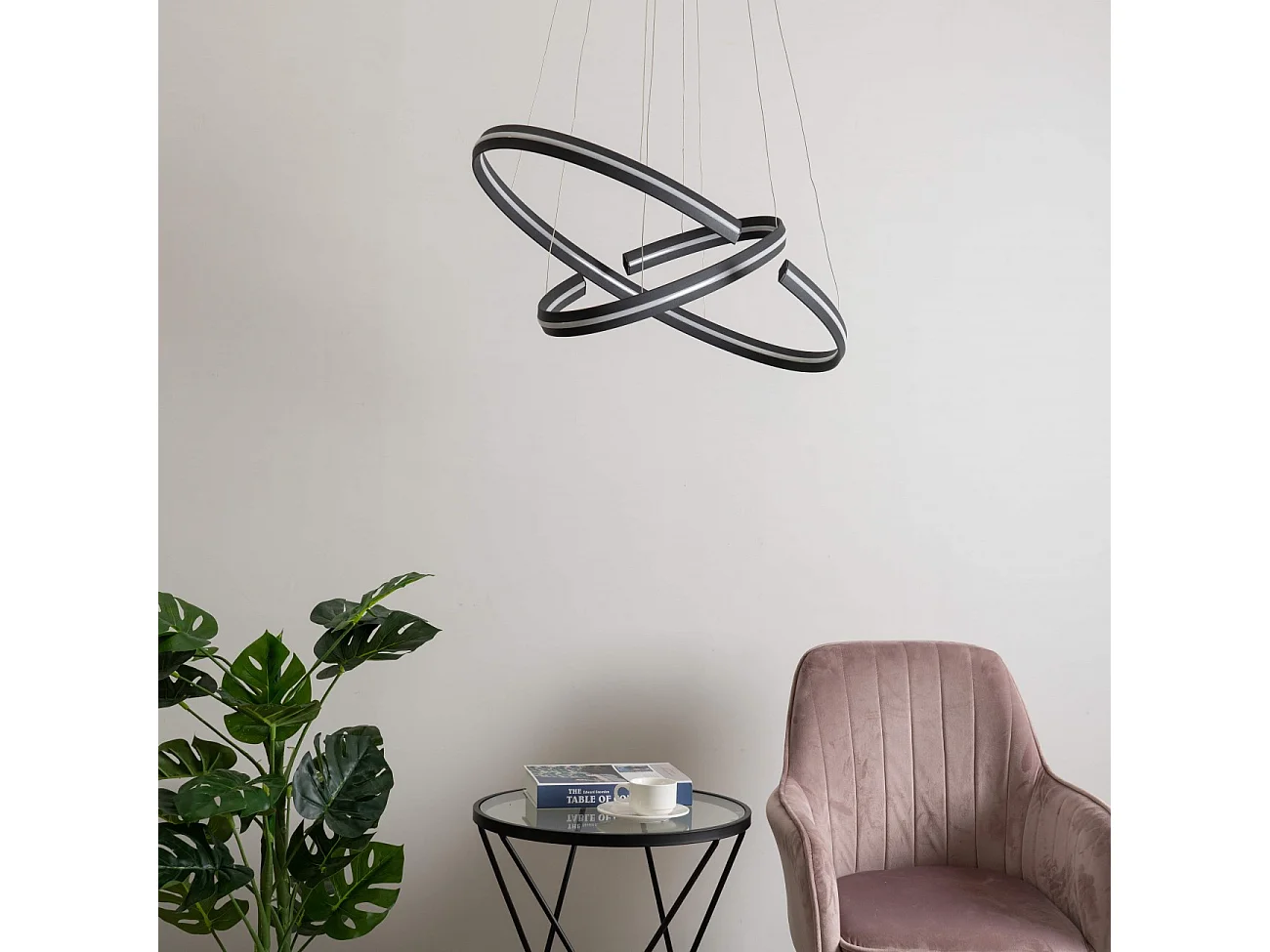 Grande suspension 80 cm design anneaux noirs LED - Ludiane