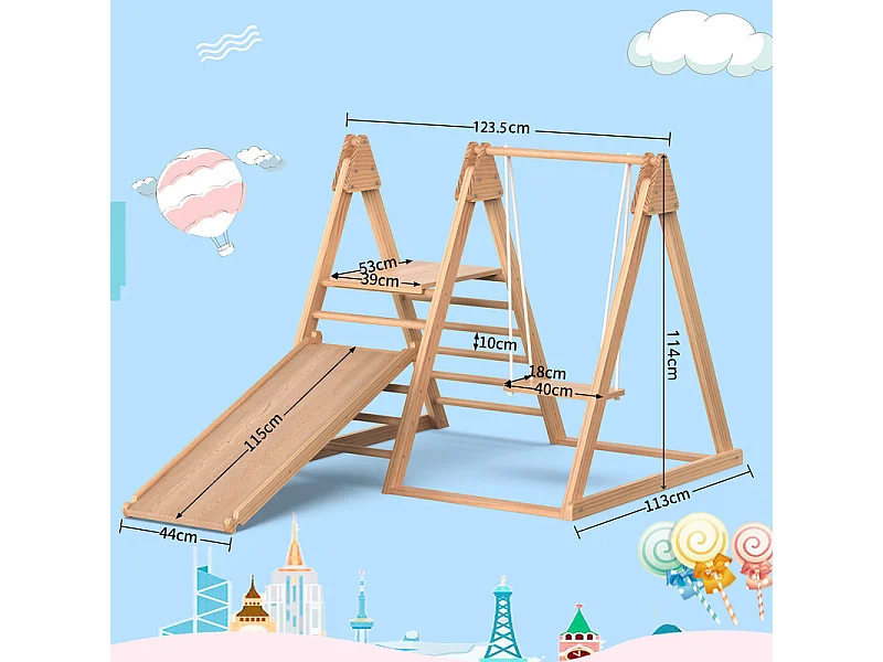 3-in-1 kinderspeelgoed - EN71 houten speelgoed - klimstructuur, schommel en glijbaan - 123.5x113x114cm