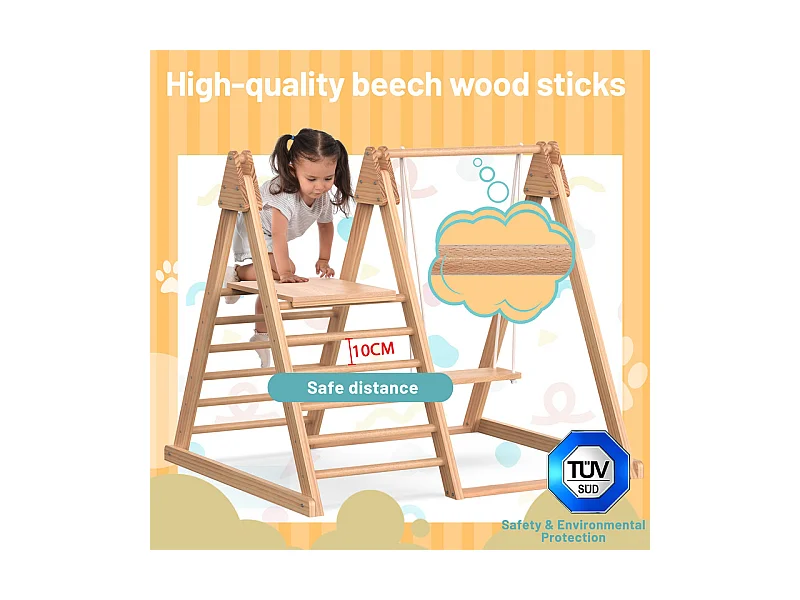 3-in-1 kinderspeelgoed - EN71 houten speelgoed - klimstructuur, schommel en glijbaan - 123.5x113x114cm