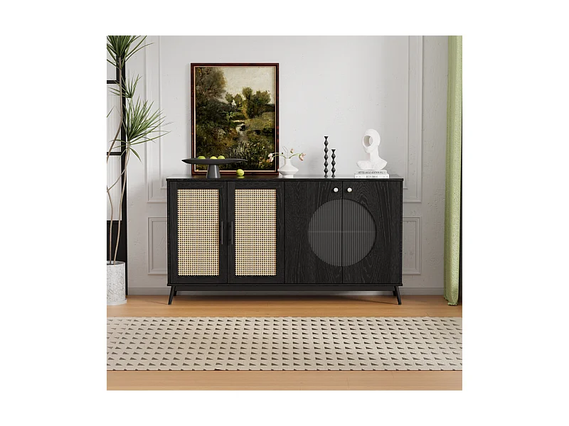 Buffet avec 2 portes en verre et 2 portes en rotin - Panneau de particules - 150x40x80cm