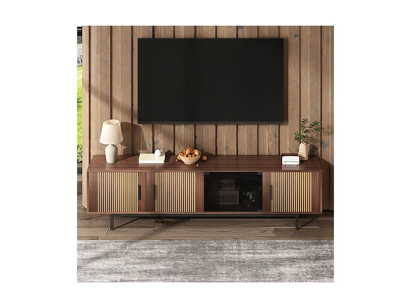 Meuble TV 200cm - avec LED et porte en verre - MDF et panneau de particules - Naturel