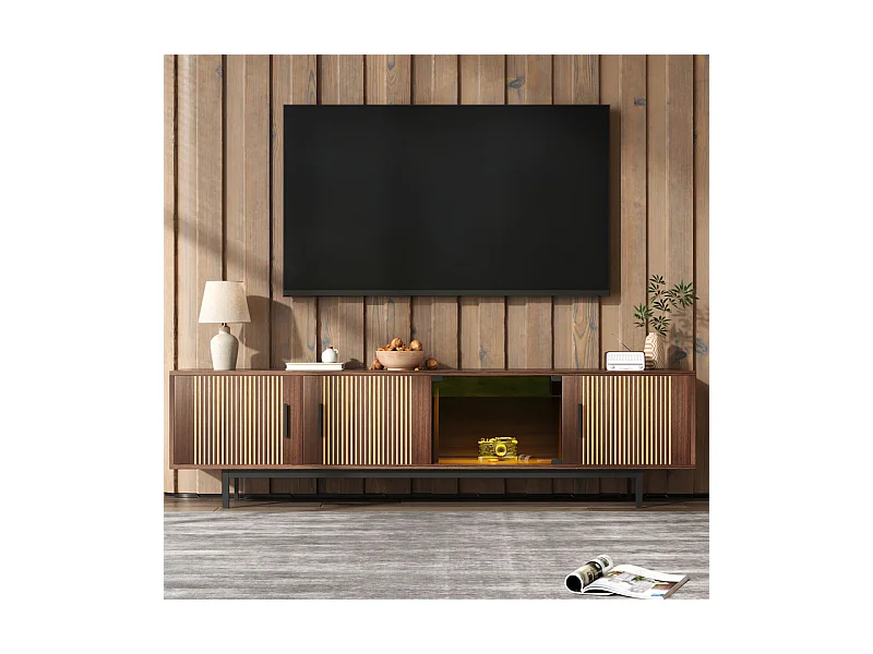 Meuble TV 200cm - avec LED et porte en verre - MDF et panneau de particules - Naturel