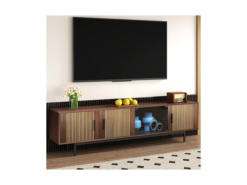 Meuble TV 200cm - avec LED et porte en verre - MDF et panneau de particules - Naturel