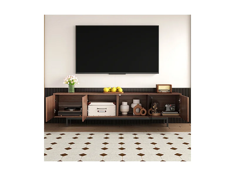 Meuble TV 200cm - avec LED et porte en verre - MDF et panneau de particules - Naturel