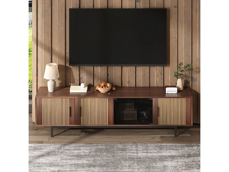Meuble TV 200cm - avec LED et porte en verre - MDF et panneau de particules - Naturel