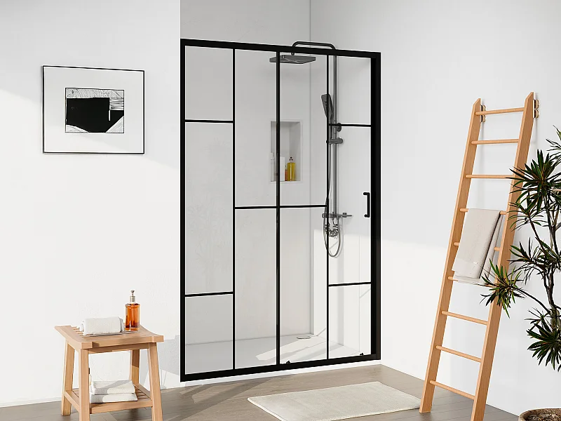Porte de douche coulissante en métal noir mat style verrière - Verre anti-calcaire - 120 x 195 cm - SONIKRA