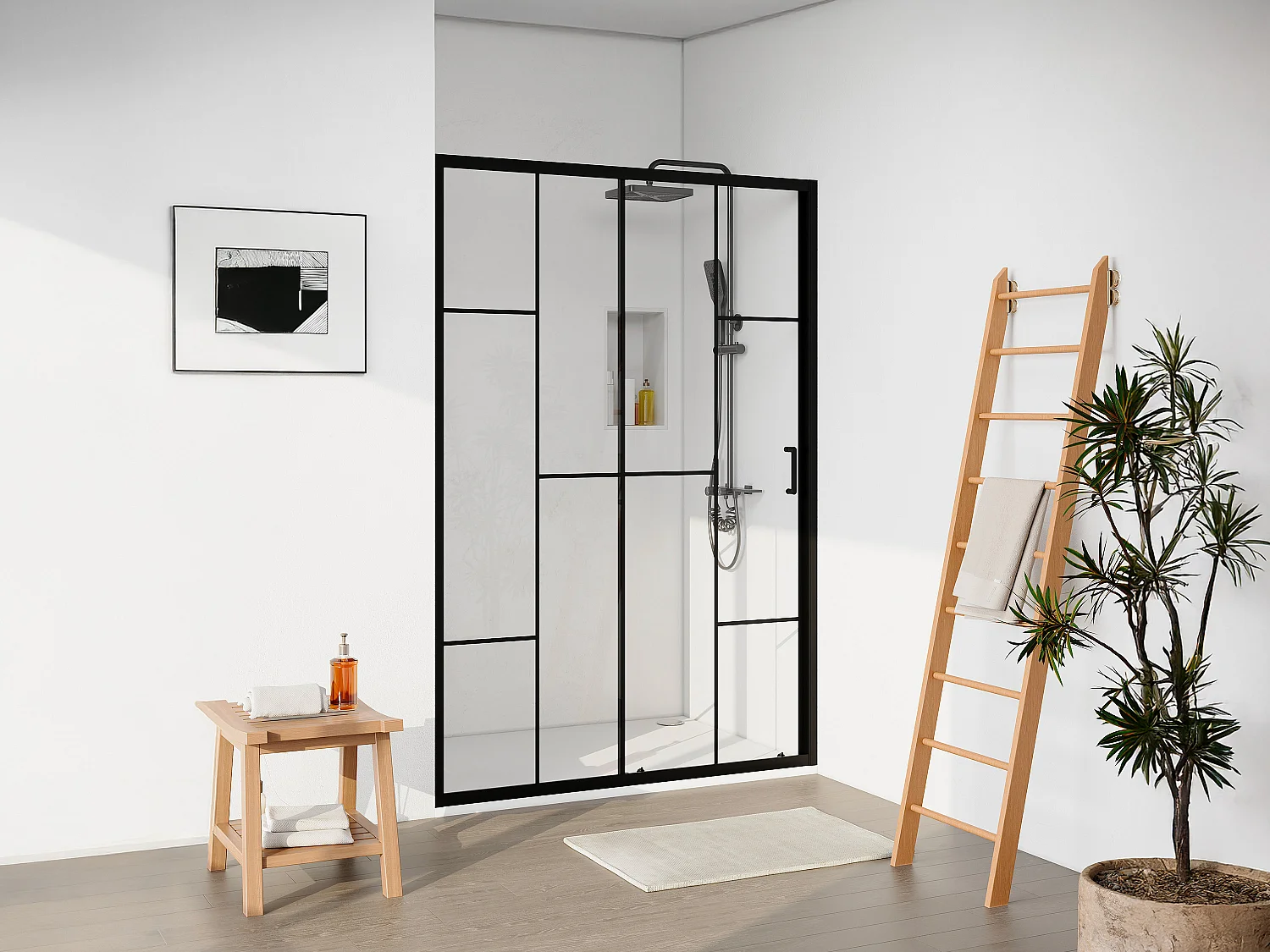 Porte de douche coulissante en métal noir mat style verrière - Verre anti-calcaire - 120 x 195 cm - SONIKRA