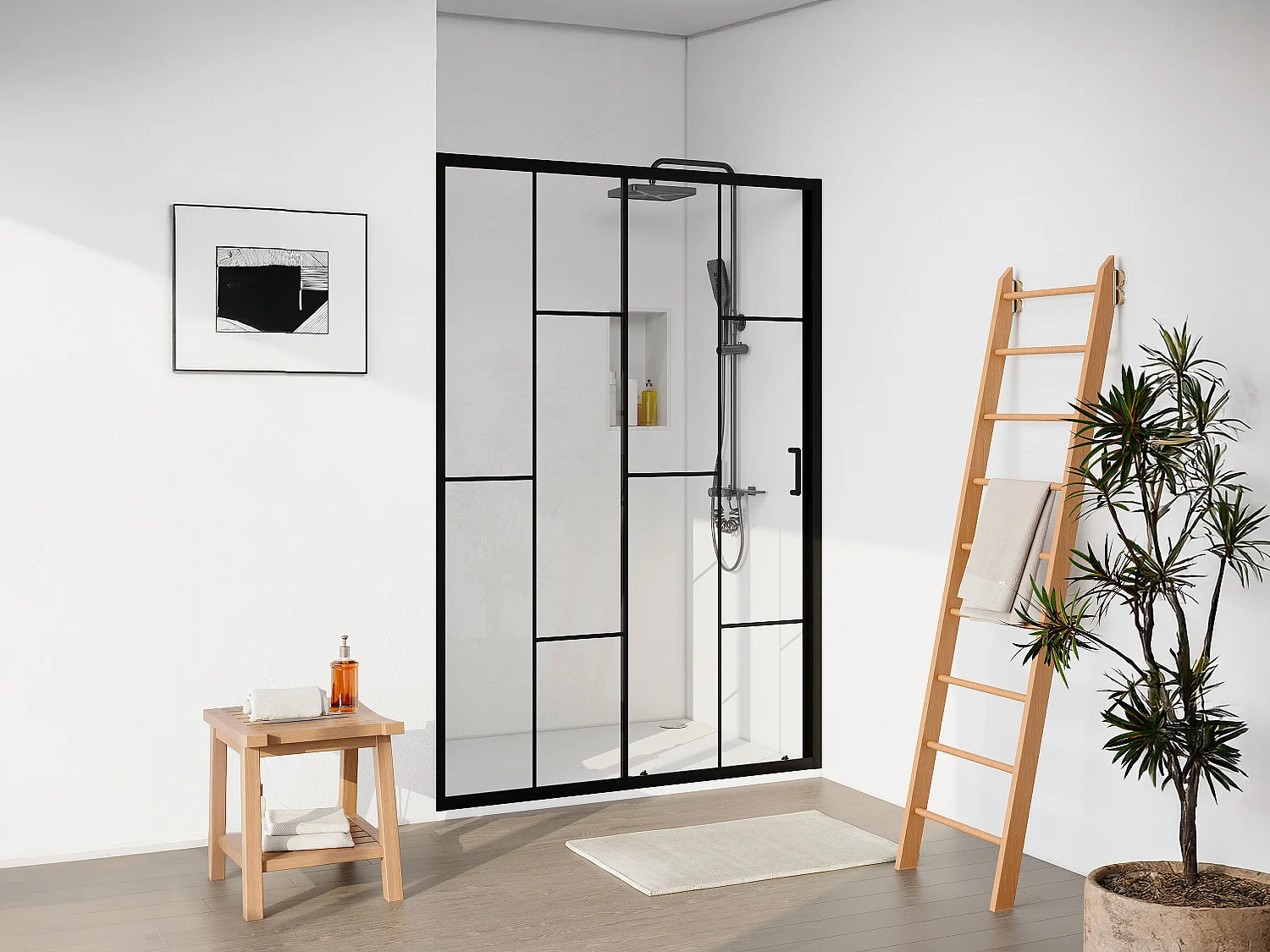 Porte de douche coulissante en métal noir mat style verrière - Verre anti-calcaire - 120 x 195 cm - SONIKRA