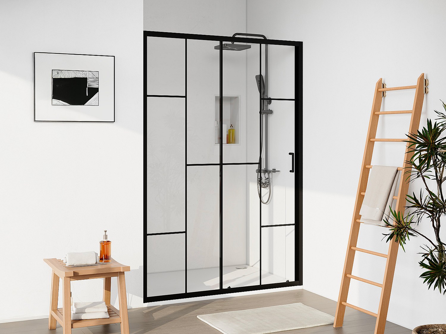 Skyvedør til dusj i matt sort metall med glasskarm stil - Kalkavvisende glass - 120 x 195 cm - SONIKRA