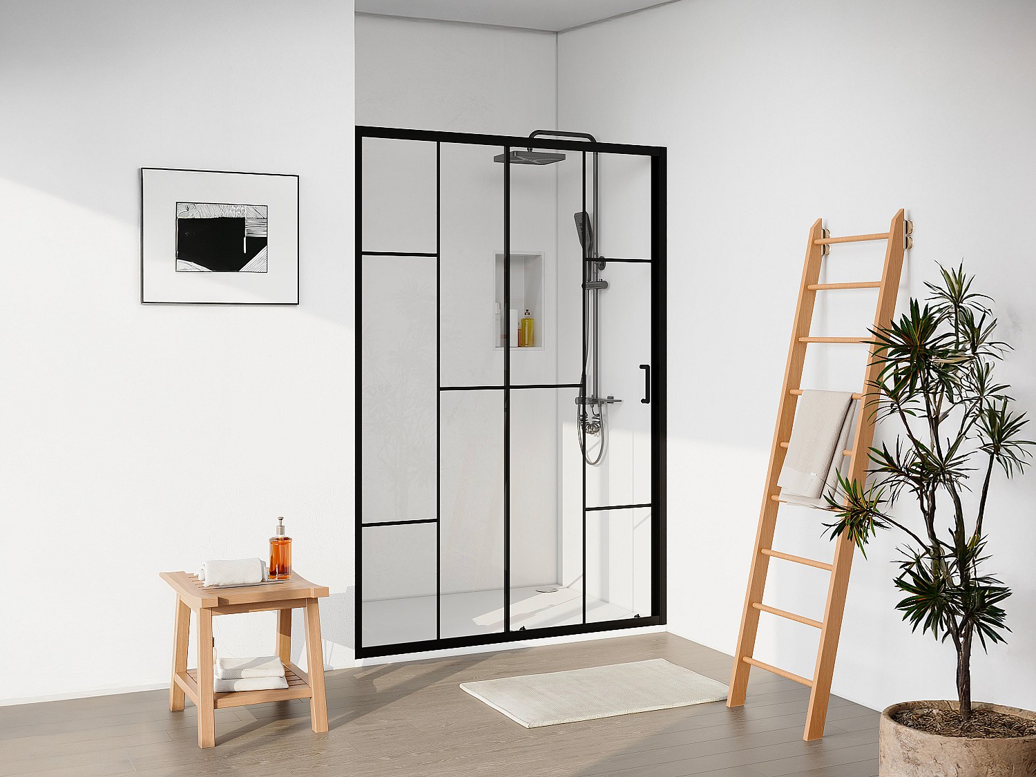 Duschtür Schiebetür - Metall matt Schwarz - Verrière-Style - Glas antikalk günstig online kaufen