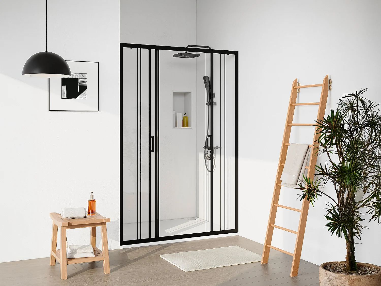 Porte de douche coulissante double en métal noir mat - Verre anti-calcaire - 140 x 195 cm - BAVIODA